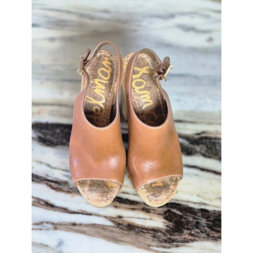 Sam Edelman Marley Tan Leather Wood Platform Studded Slingback Sandals 6.5M